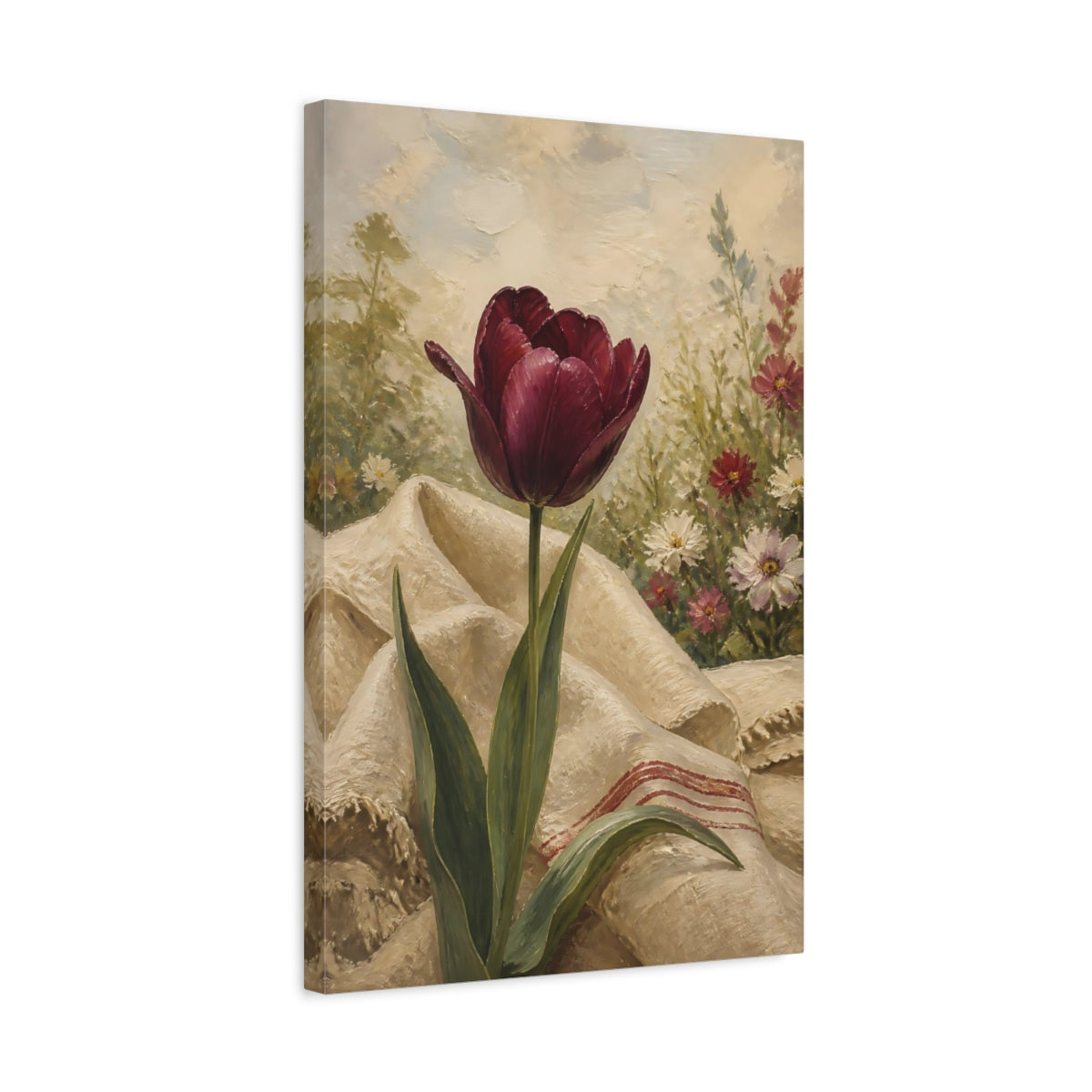 Side Mockup 3. Floral Tulip Burgundy Floral shown as stretched canvas wall art