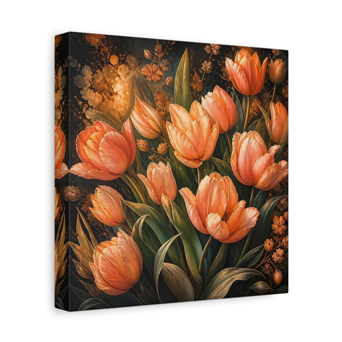 Side Mockup 9. Floral Tulips Orange Tulips shown as stretched canvas wall art
