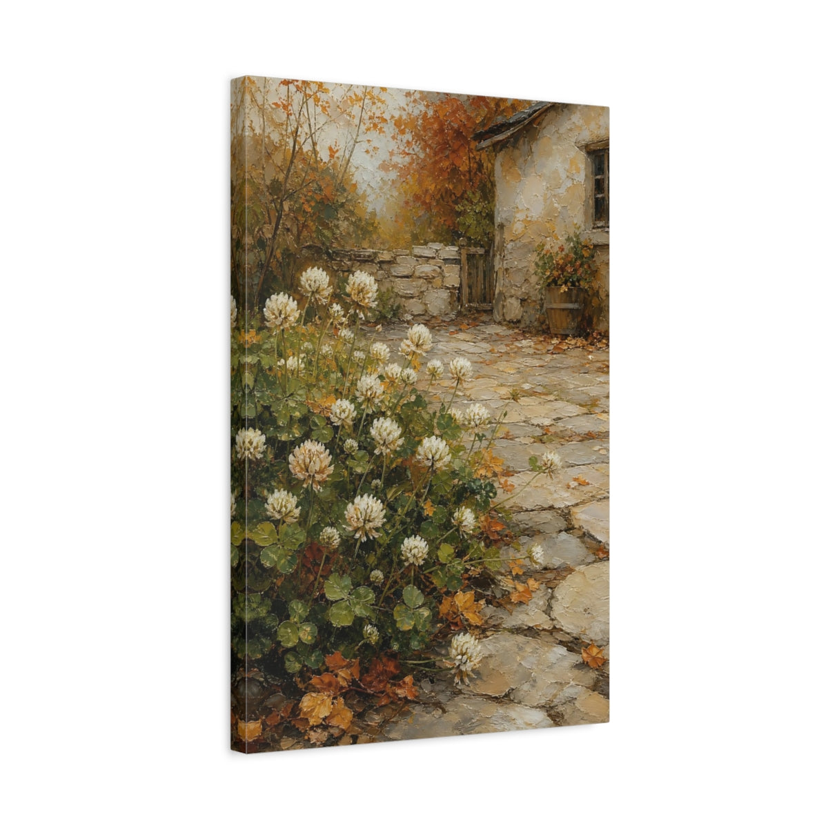 Side Mockup 3. Floral White Clover Autumnal Clover shown as stretched canvas wall art