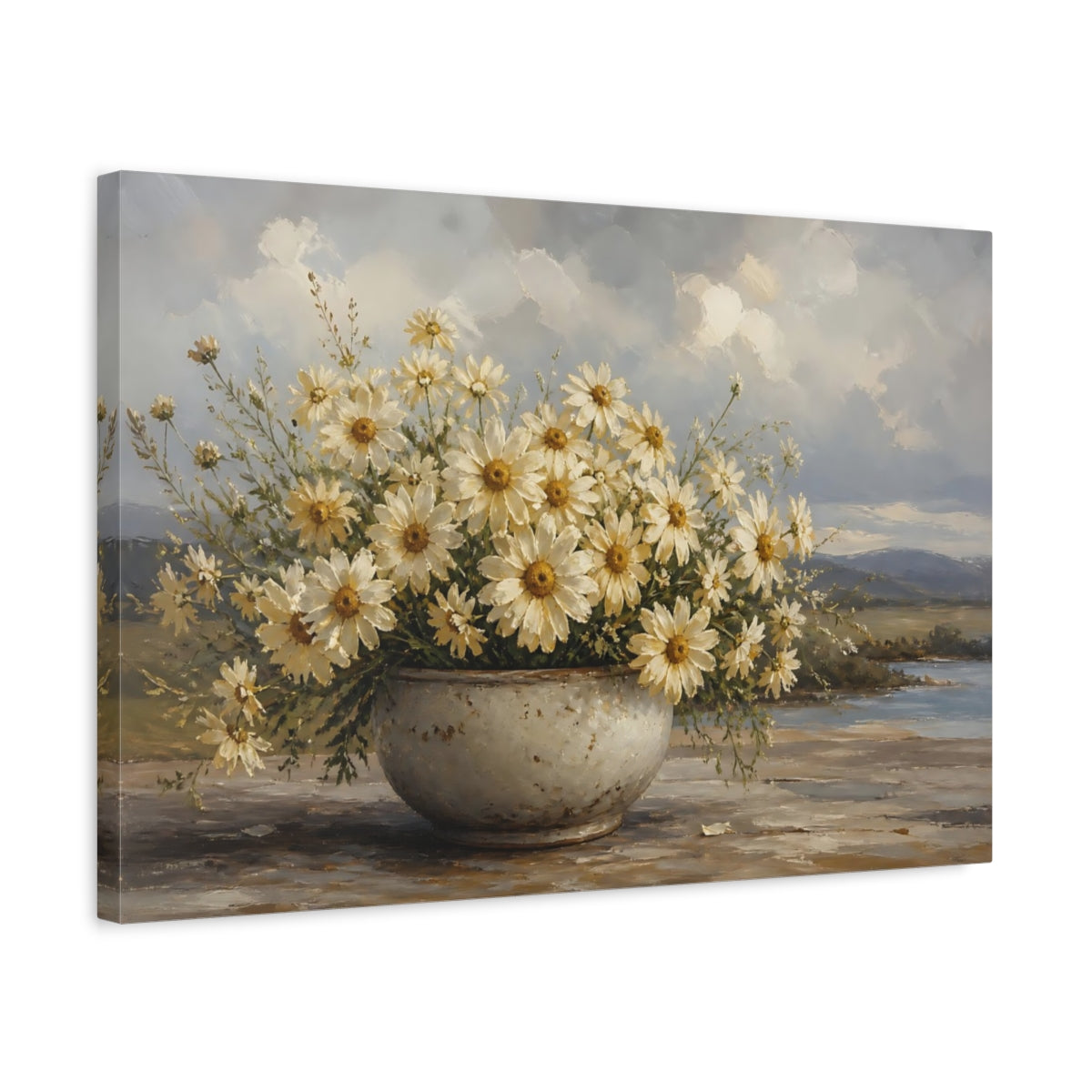 Side Mockup 3. Floral White Daisies White Daisy Flowers shown as stretched canvas wall art
