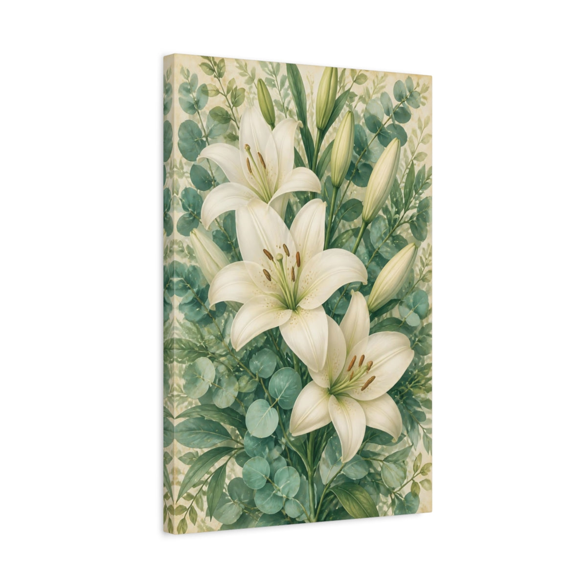 Side Mockup 3. Floral White Lily Bouquet shown as canvas print