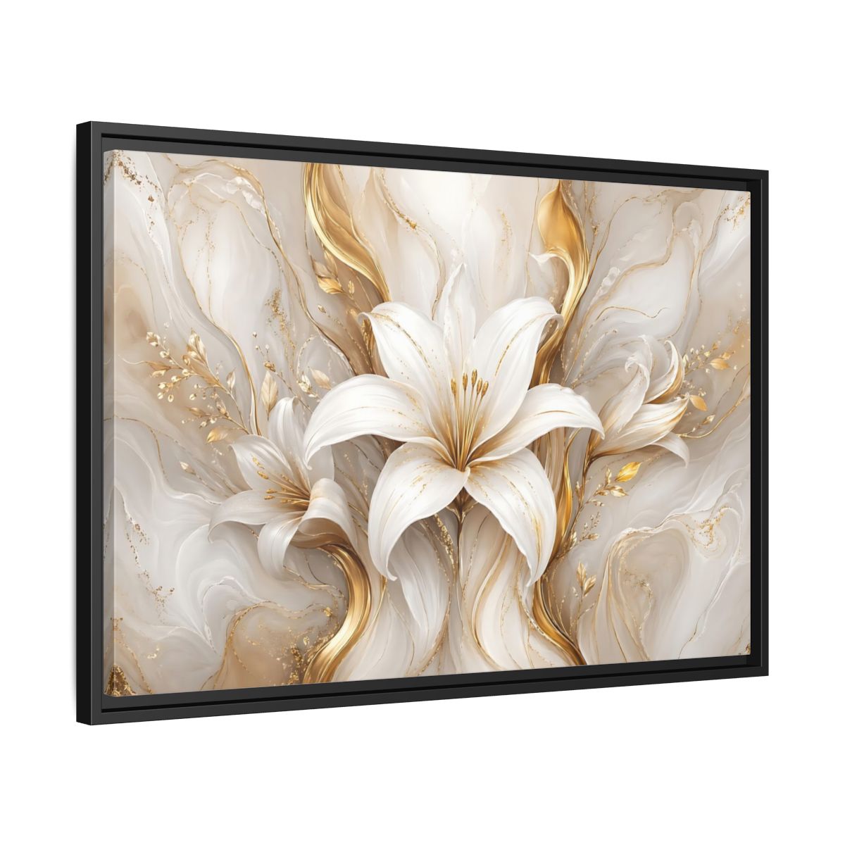 Side Mockup 14. Floral White Lily White Gold Floral shown as stretched canvas wall art