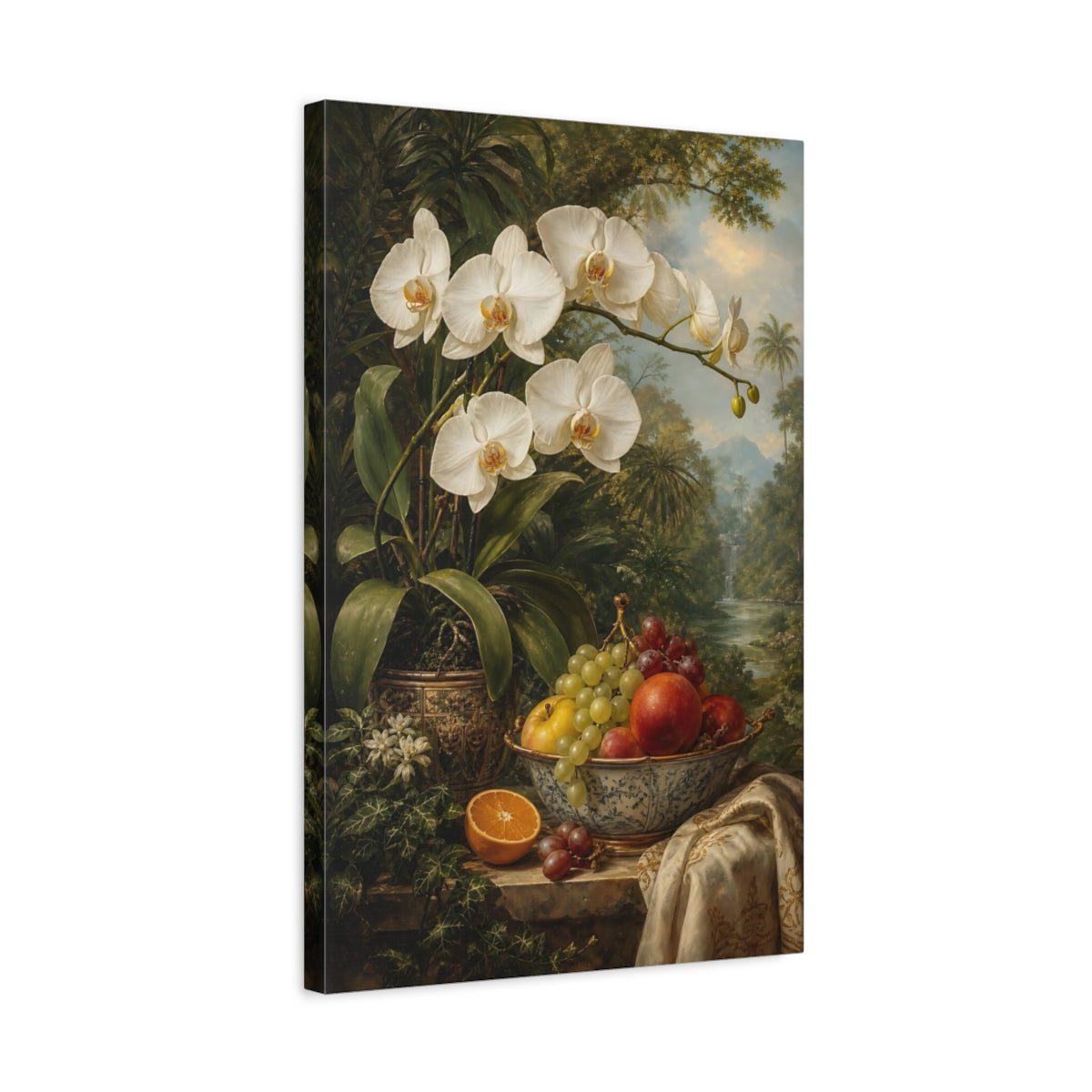 Side Mockup 3. Floral White Orchid Orchid Still Life shown as stretched canvas wall art