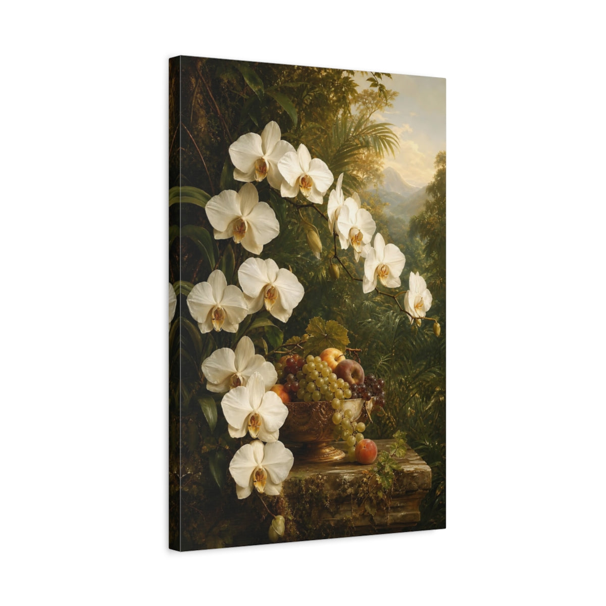 Side Mockup 3. Floral White Orchids White Orchids shown as stretched canvas wall art