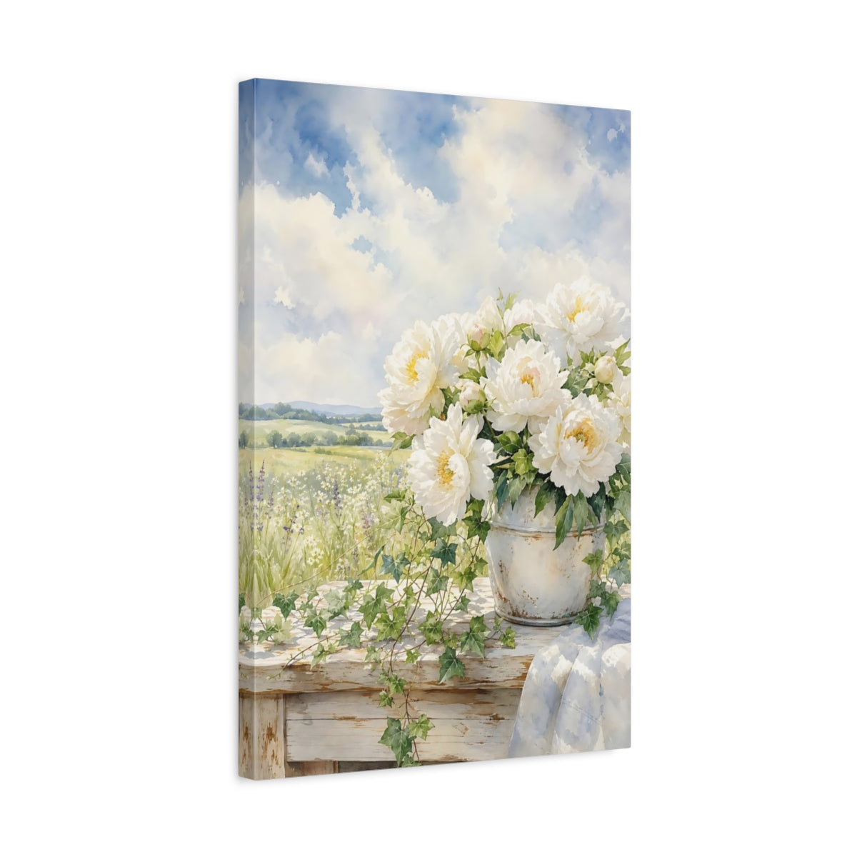 Side Mockup 3. Floral White Peonies White Peonies shown as stretched canvas wall art