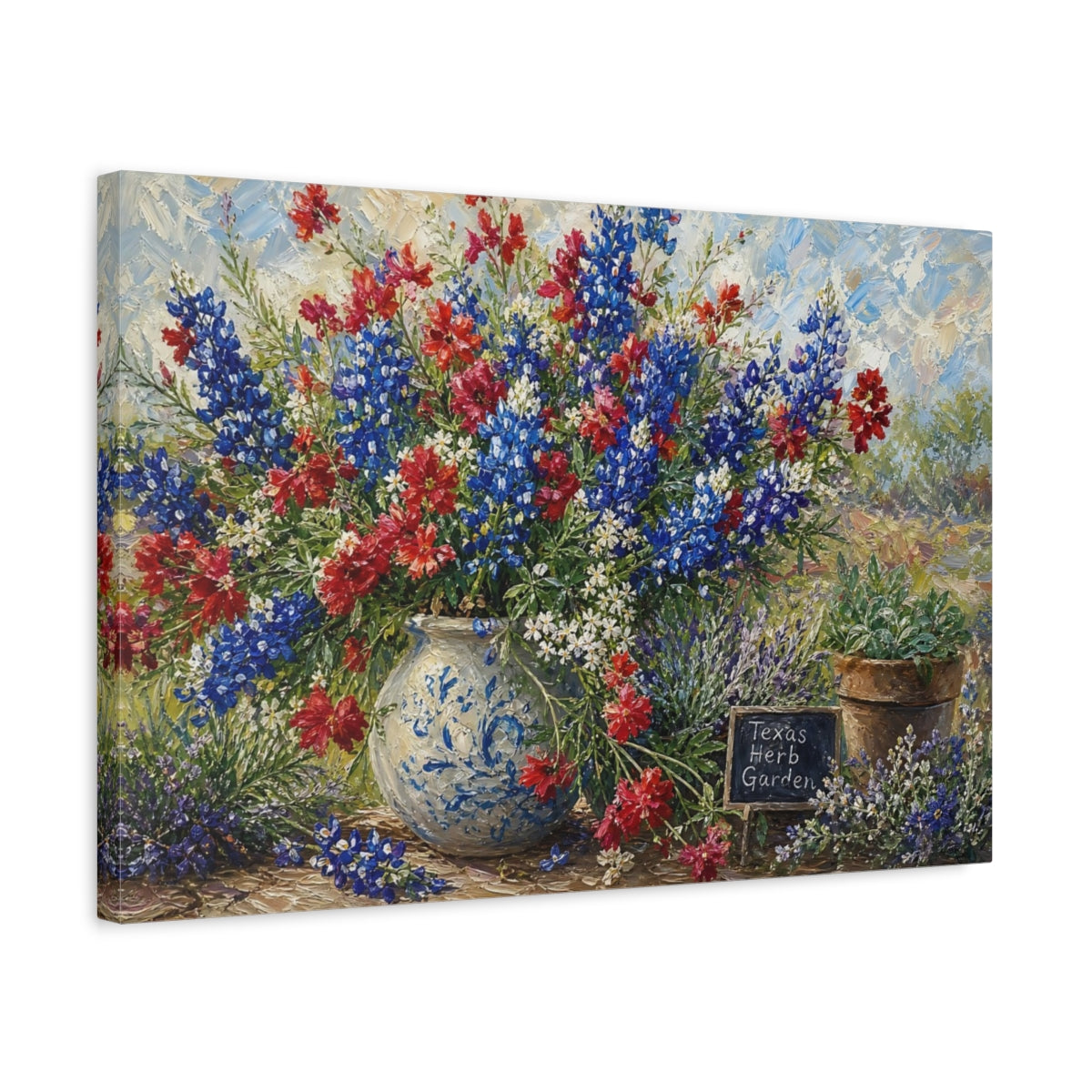 Side Mockup 3. Floral Wildflower Bouquet Blue And Red Flowers shown as stretched canvas wall art