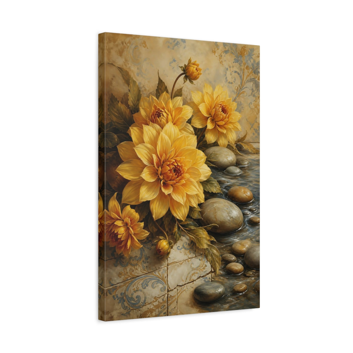 Side Mockup 3. Floral Yellow Dahlias Yellow And Blue shown as stretched canvas wall art