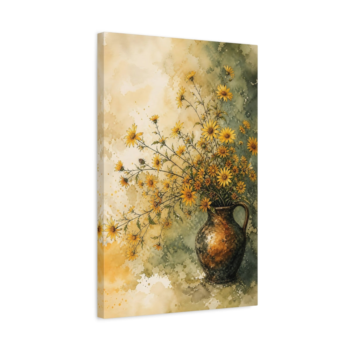 Side Mockup 3. Floral Yellow Flowers Yellow And Green shown as stretched canvas wall art