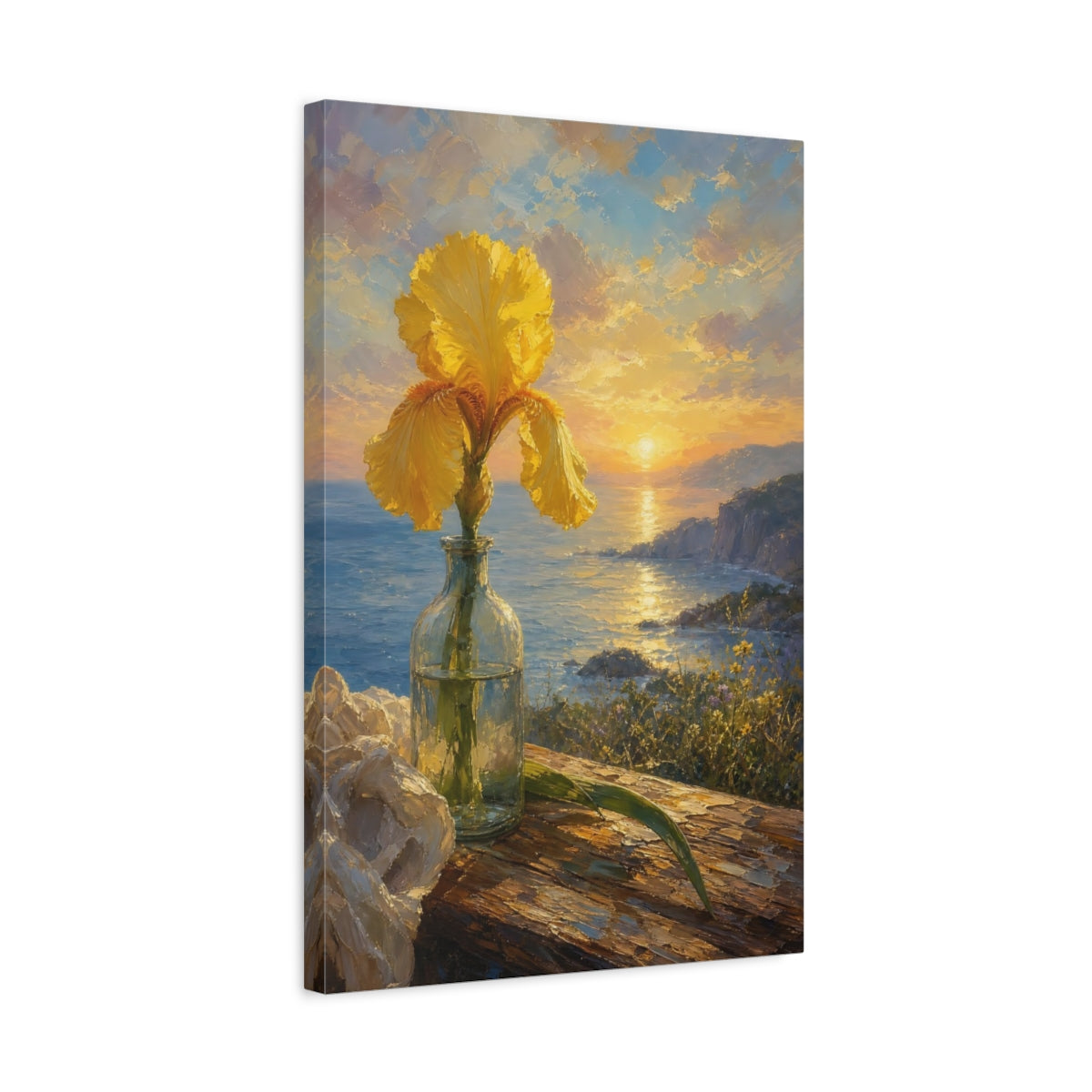 Side Mockup 3. Floral Yellow Iris Yellow Floral Sunset shown as stretched canvas wall art