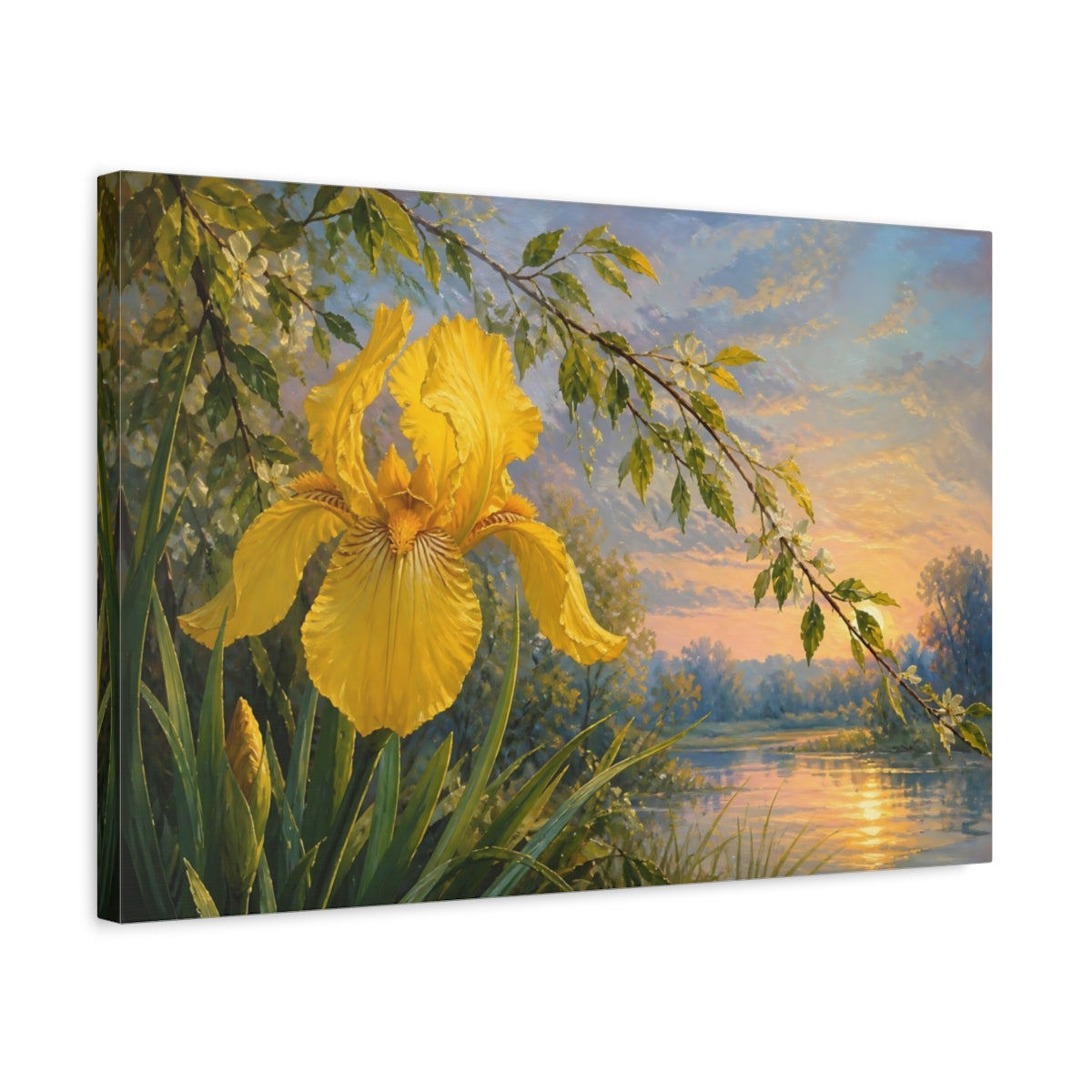 Side Mockup 3. Floral Yellow Iris Yellow Iris Sunset shown as stretched canvas wall art
