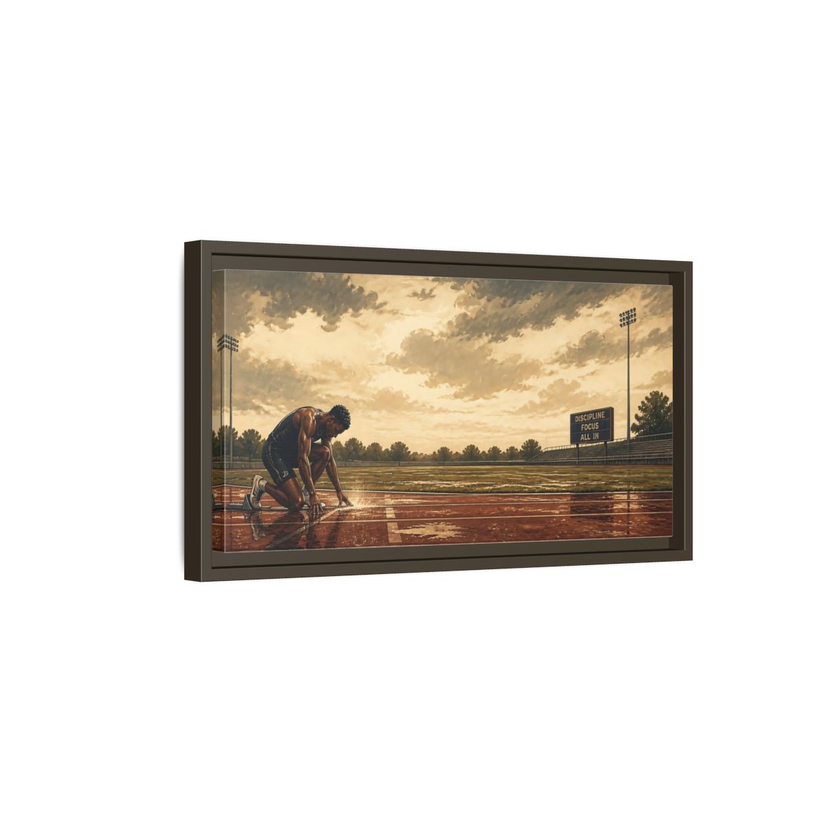 Side Mockup 7. Focused Sprinter At Start shown as framed canvas print