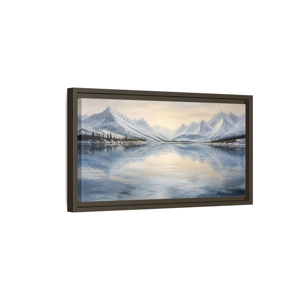 Side Mockup 7. Frozen Mountain Lake shown as framed canvas print