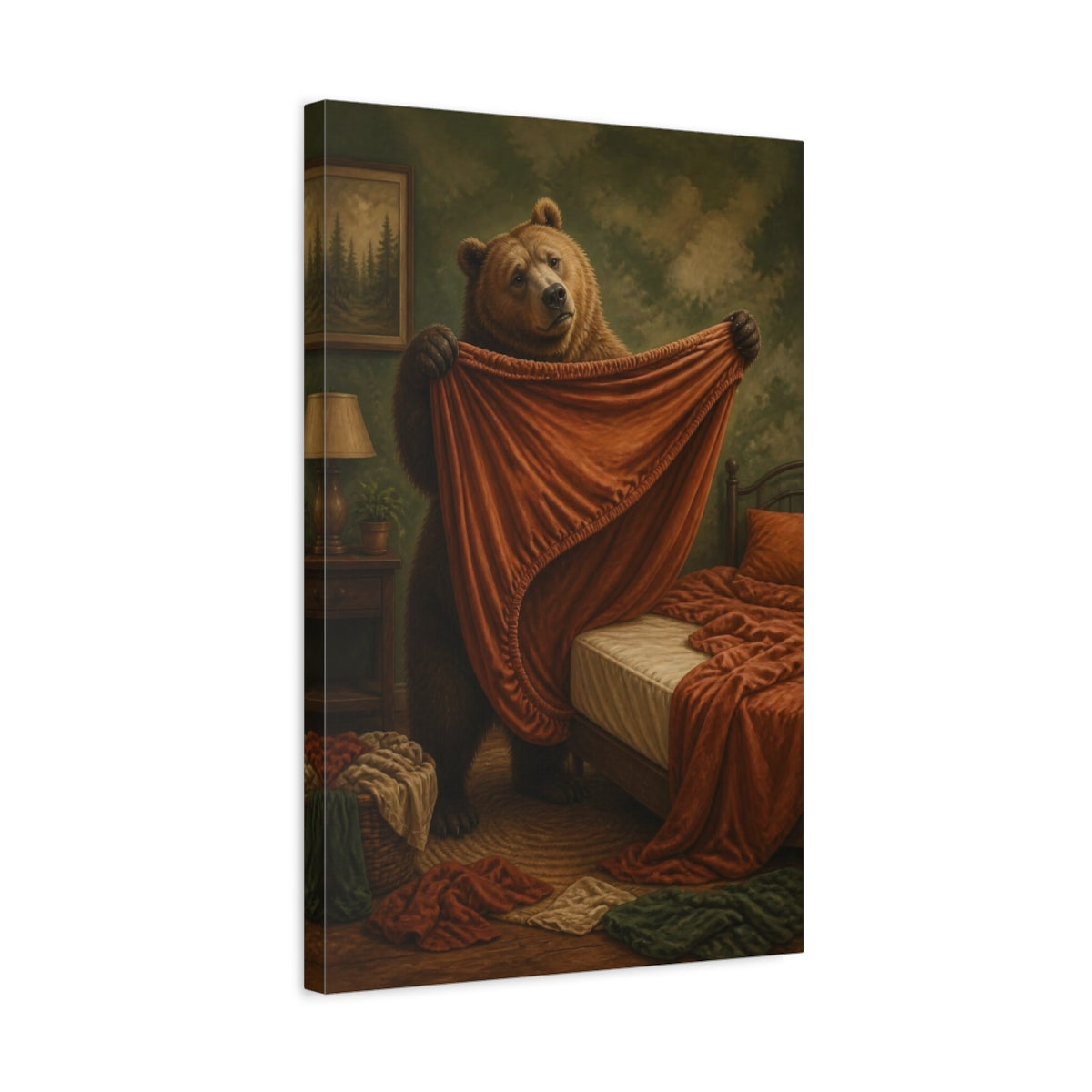 Side Mockup 3. Funny Bear Folding Sheet shown as canvas print