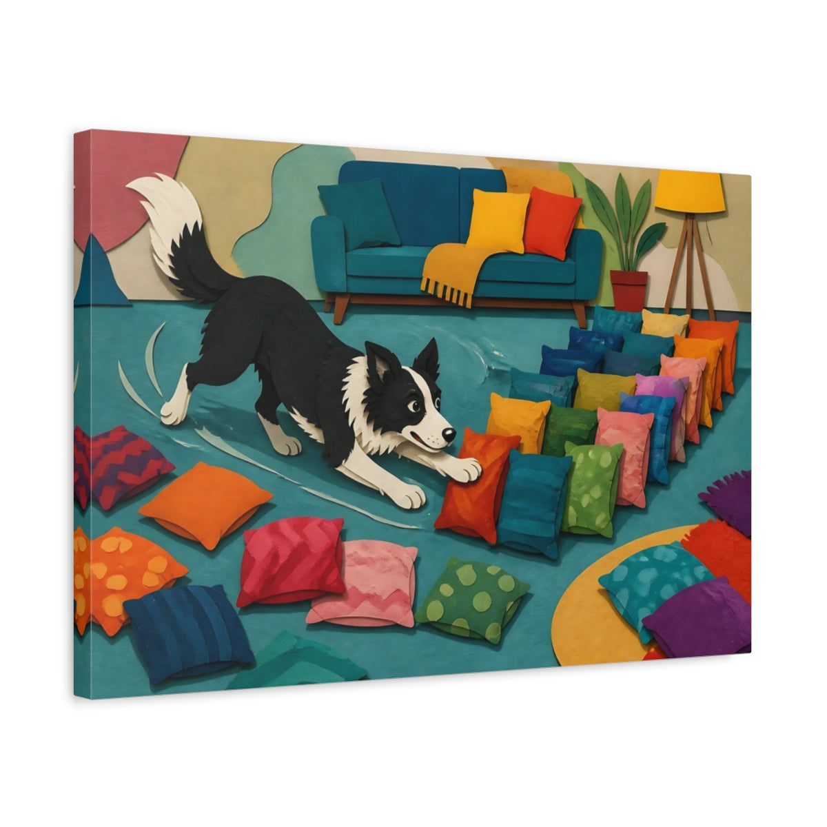 Side Mockup 3. Funny Border Collie Herding Pillows shown as canvas print
