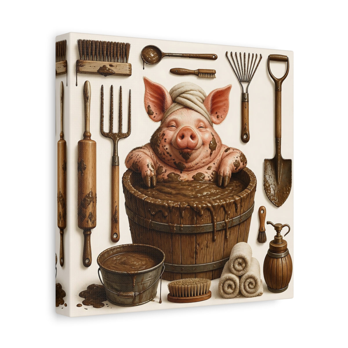 Side Mockup 9. Funny Mud Spa Pig shown as canvas print