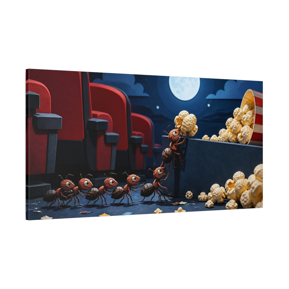 Side Mockup 2. Funny Popcorn Ant Rescue shown as canvas print