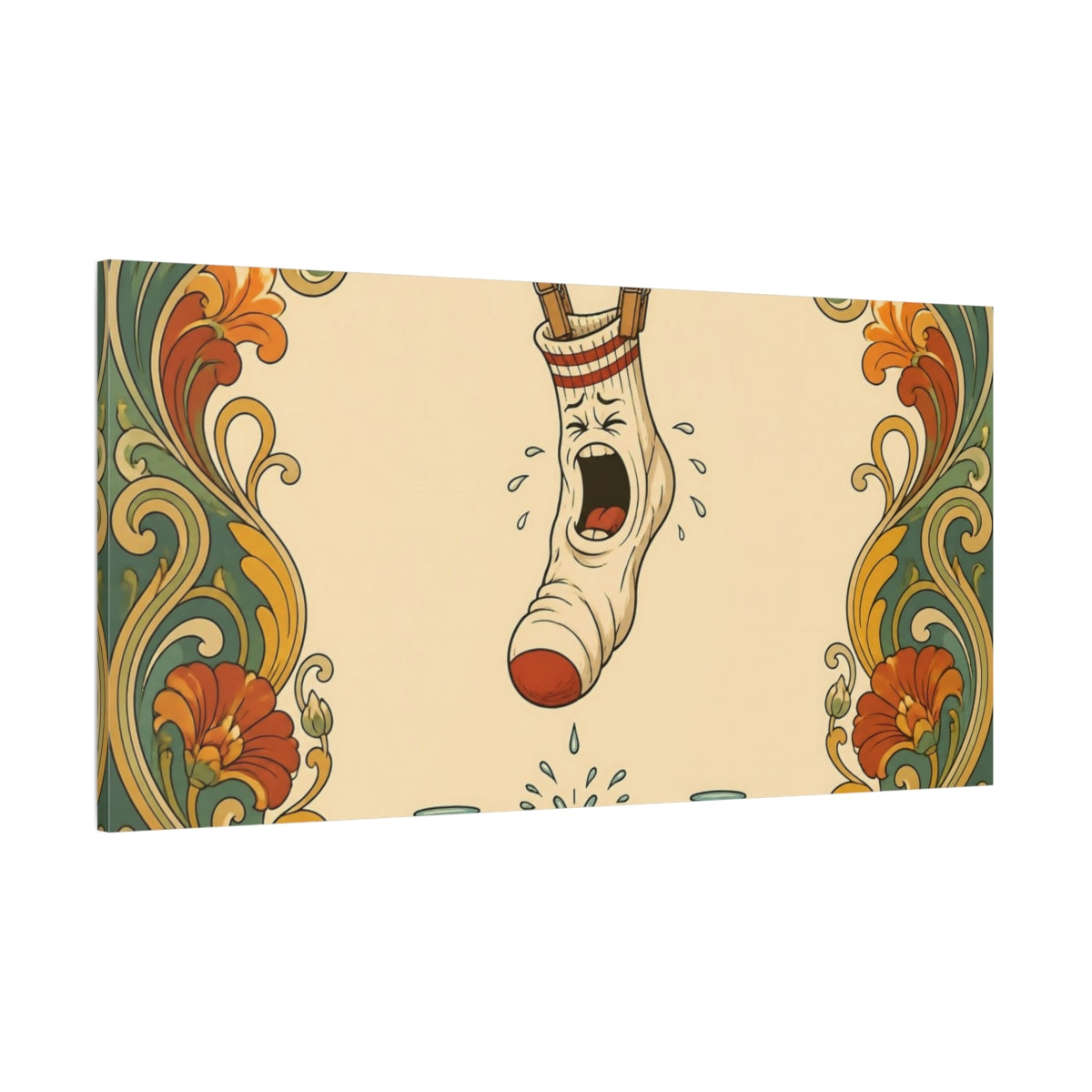 Side Mockup 2. Funny Squealing Sock shown as canvas print
