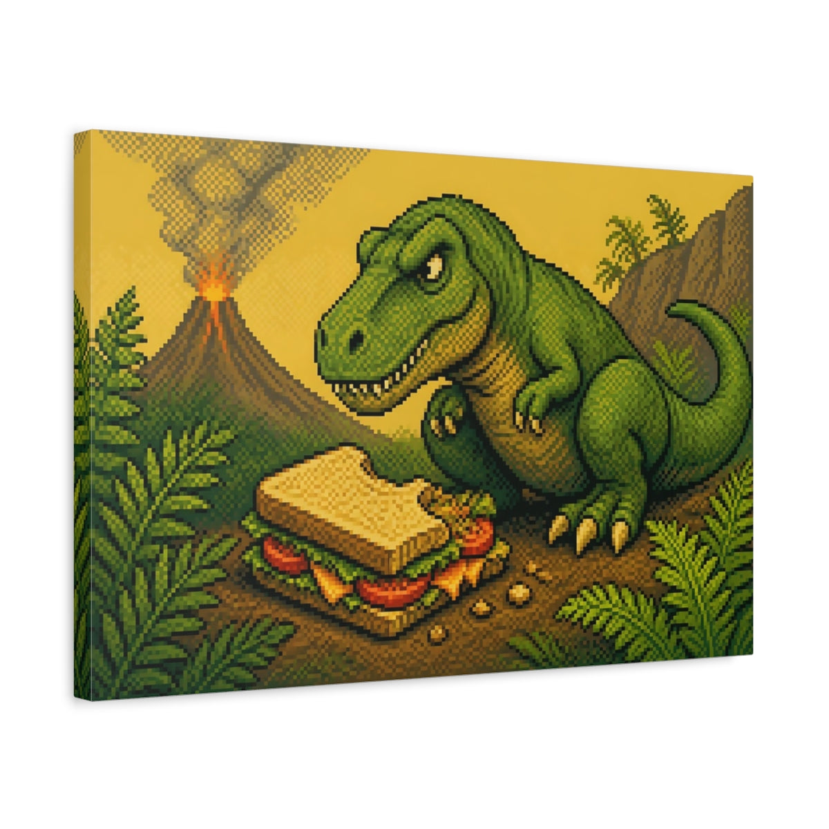 Side Mockup 3. Funny T-Rex With Sandwich shown as canvas print