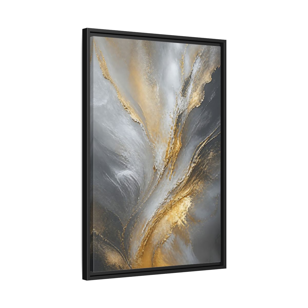 Side Mockup 14. Gilded Gray Swirl shown as framed canvas print