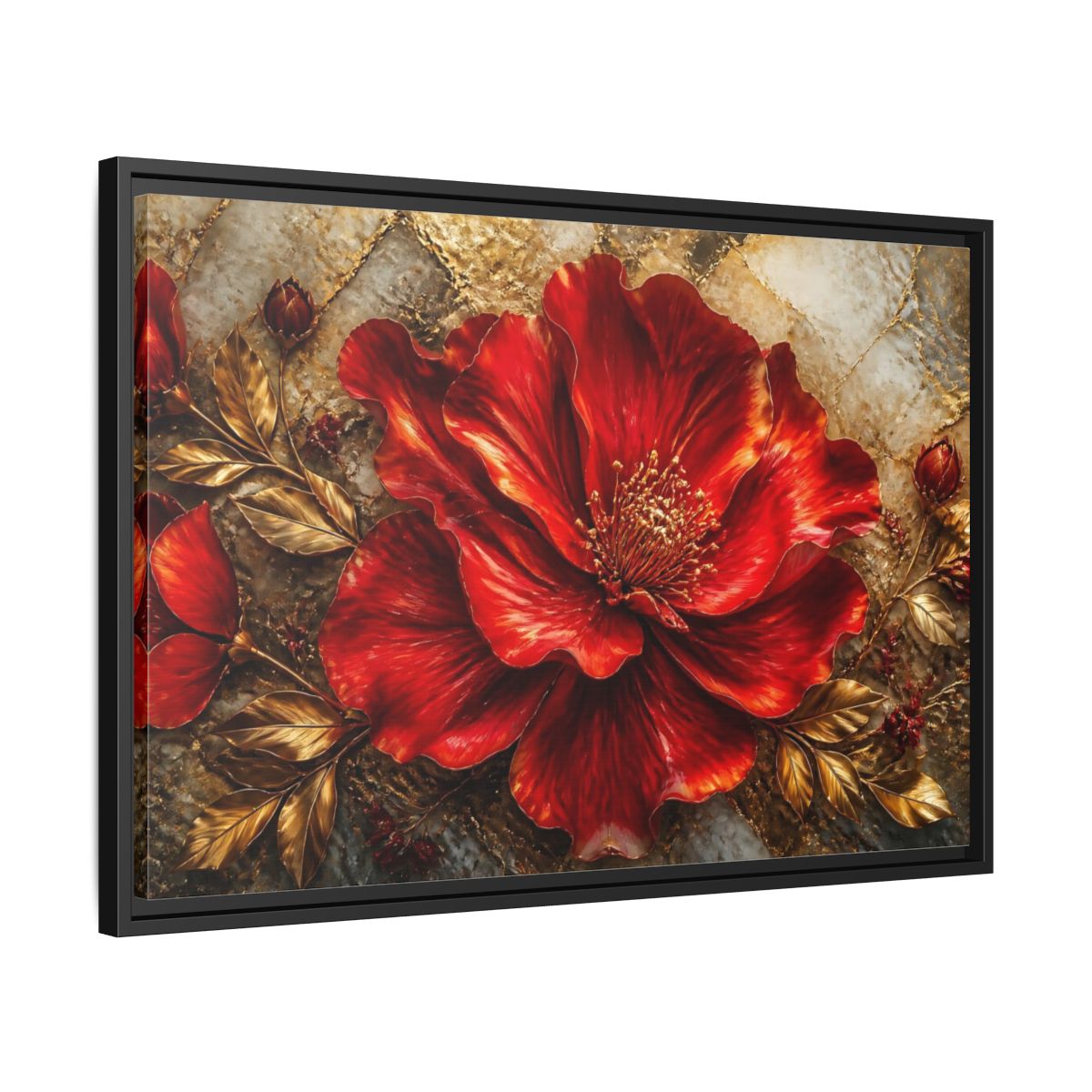 Side Mockup 14. Gilded Ruby Blossom shown as framed canvas print