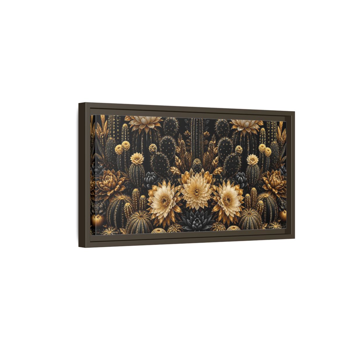 Side Mockup 7. Golden Cactus Garden shown as framed canvas print