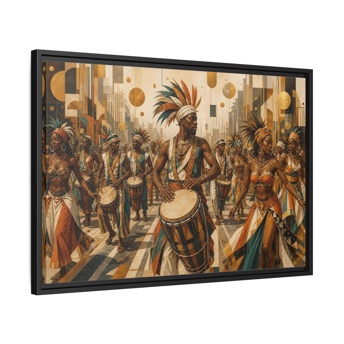 Side Mockup 14. Golden Carnival Drum Parade shown as framed canvas print