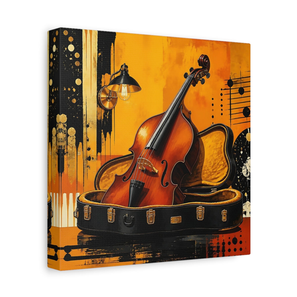 Side Mockup 9. Golden Cello In Case shown as canvas print