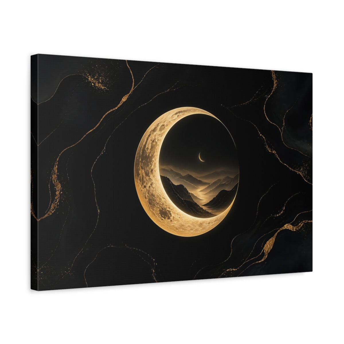 Side Mockup 3. Golden Crescent Moonscape shown as canvas print
