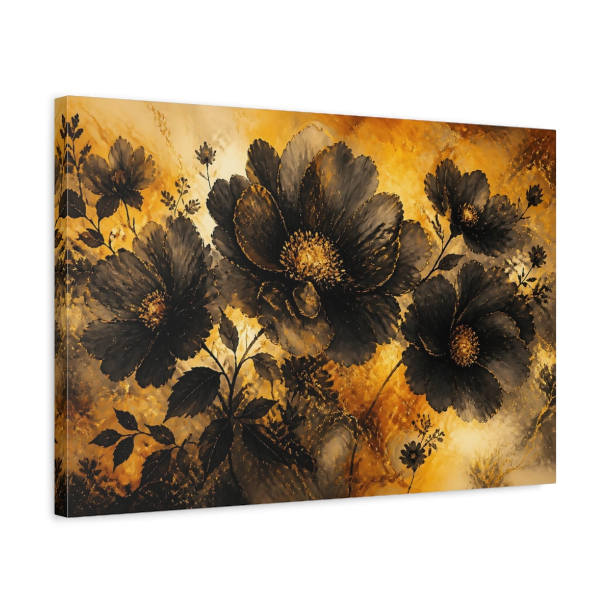 Side Mockup 3. Golden Glow Black Blossoms shown as canvas print