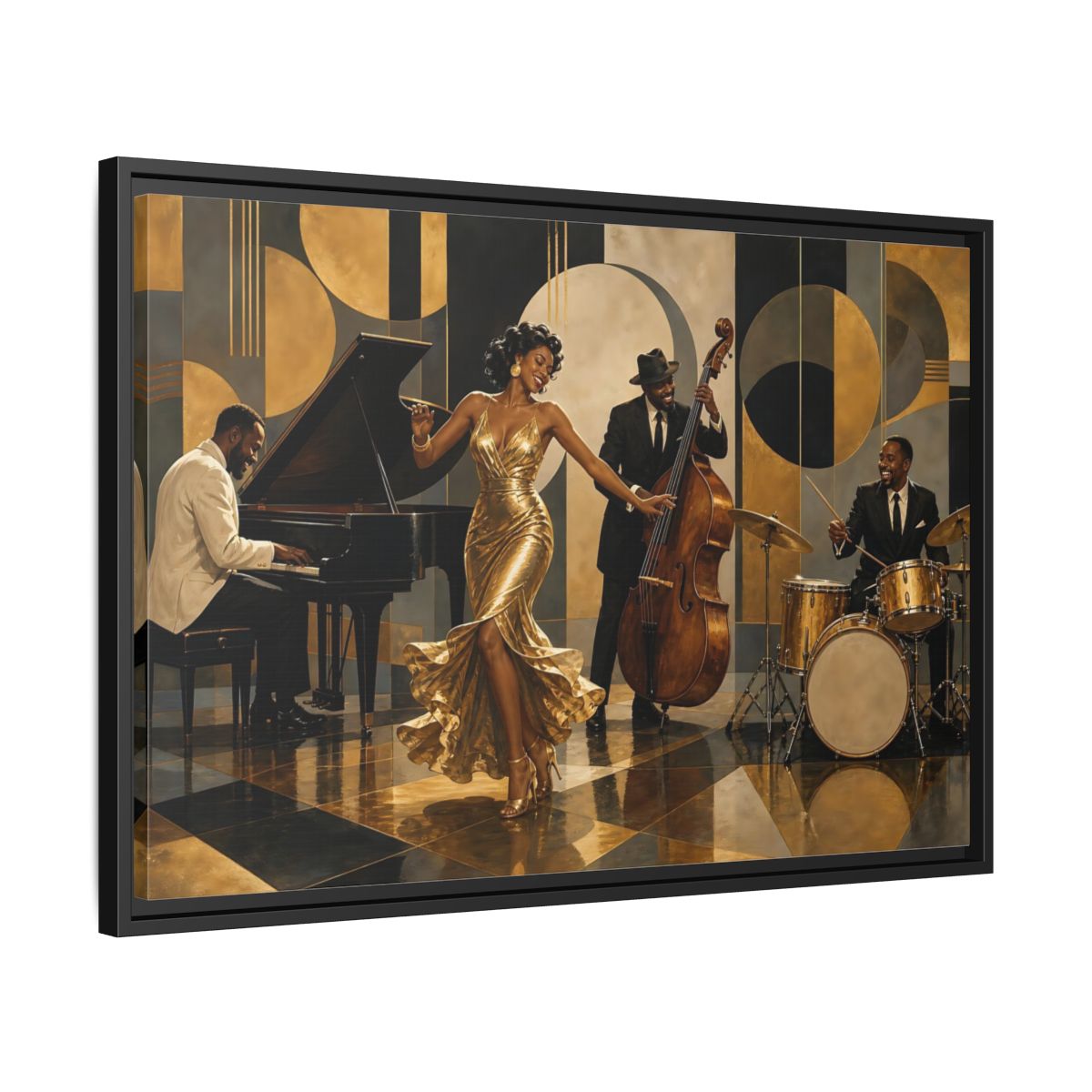 Side Mockup 14. Golden Jazz Night shown as framed canvas print