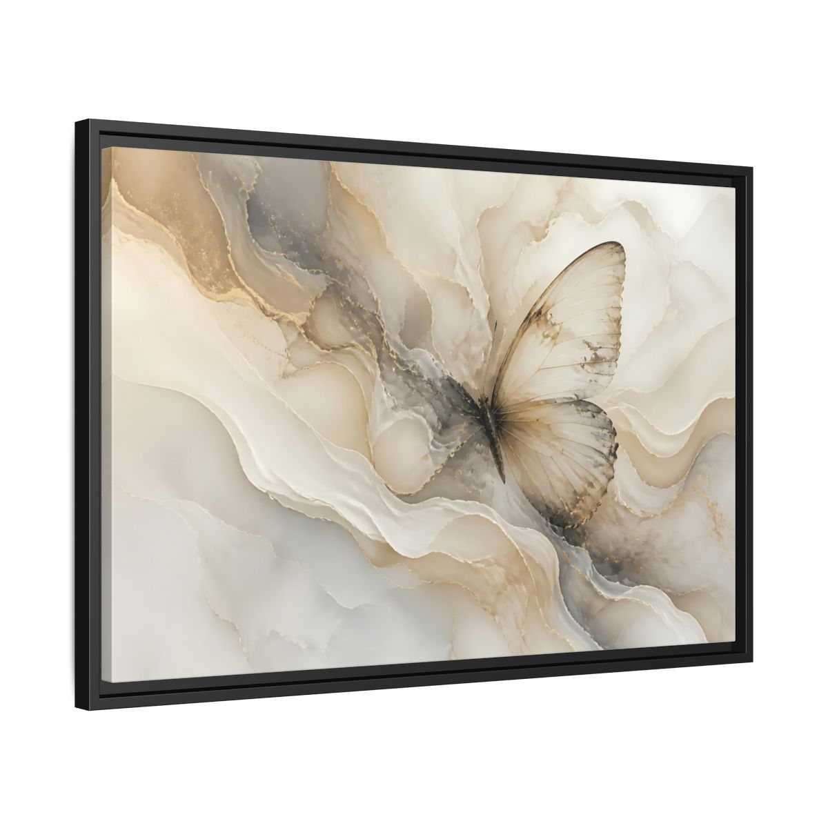 Side Mockup 14. Golden Marble Butterfly shown as framed canvas print