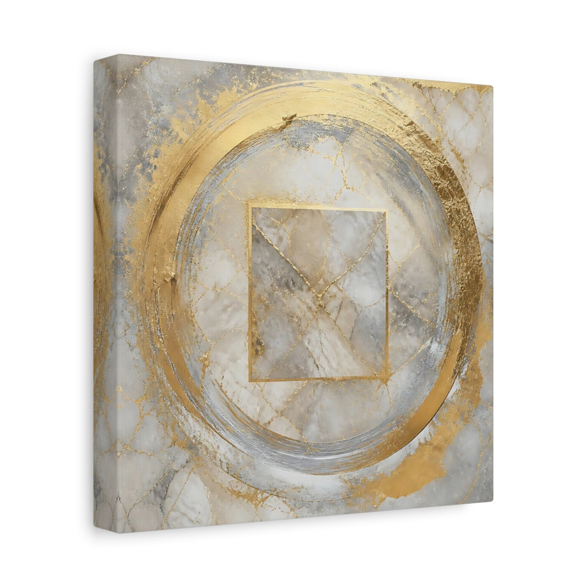 Side Mockup 9. Golden Marble Circle shown as canvas print
