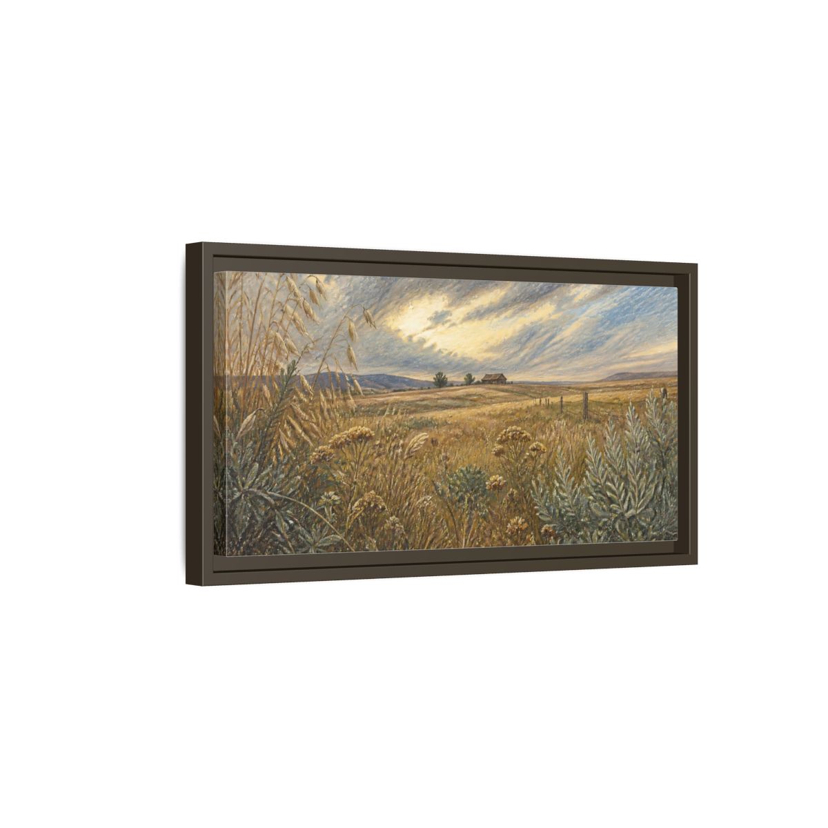 Side Mockup 7. Golden Meadow With Barn shown as framed canvas print