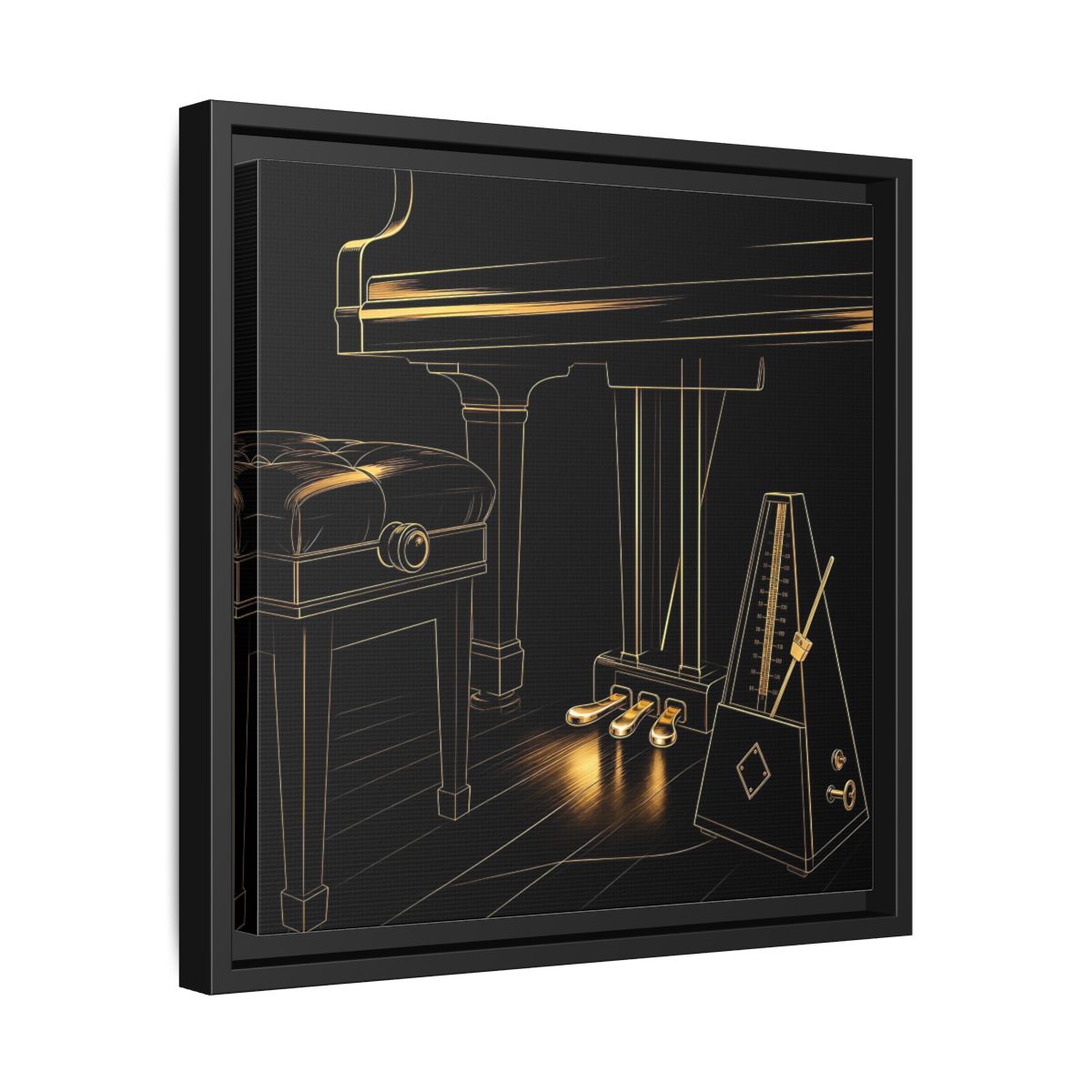 Side Mockup 32. Golden Piano And Metronome shown as framed canvas print
