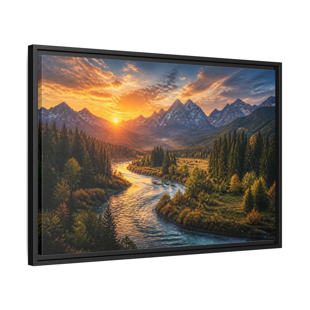 Side Mockup 14. Golden River At Sunrise shown as framed canvas print