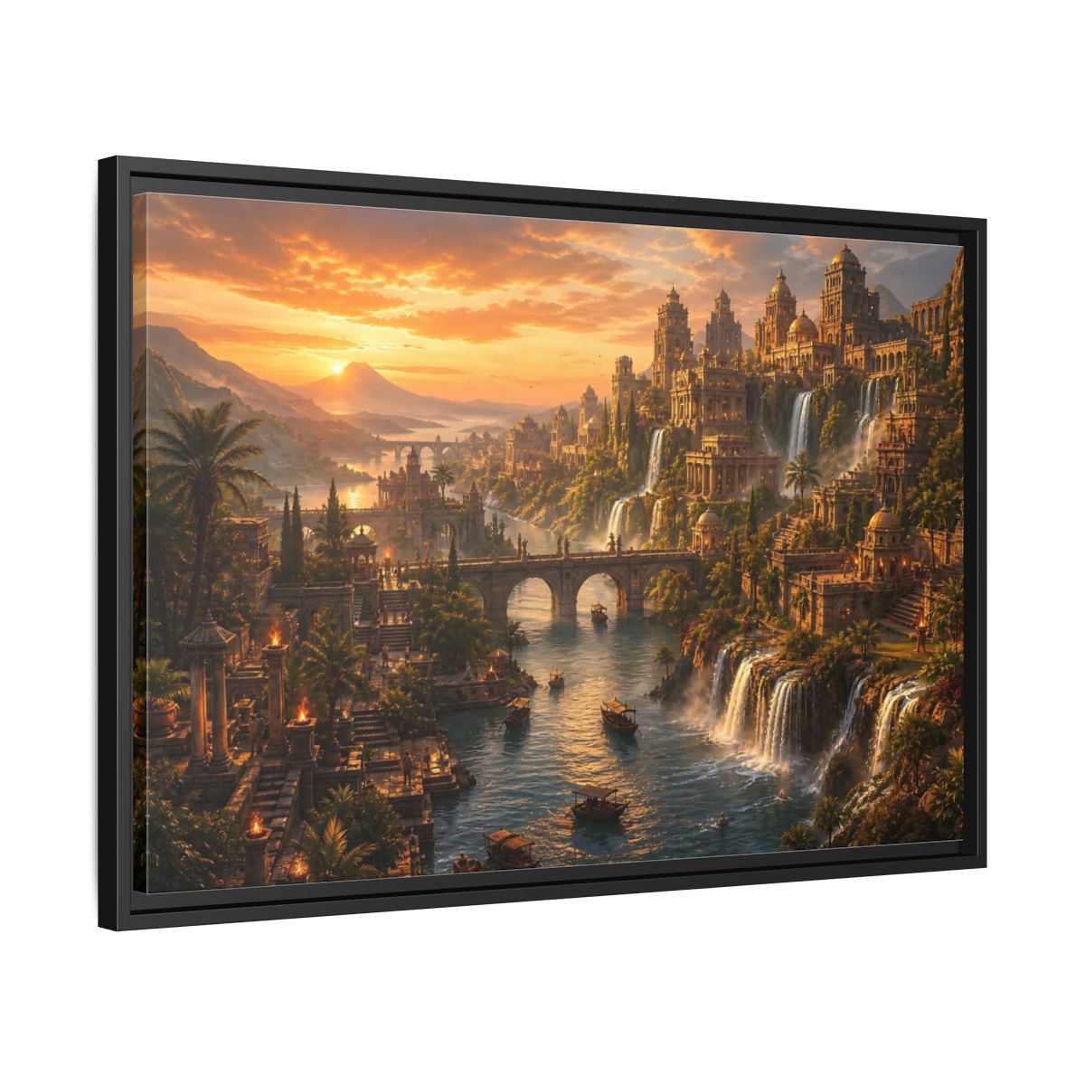 Side Mockup 14. Golden Riverside Citadel shown as framed canvas print