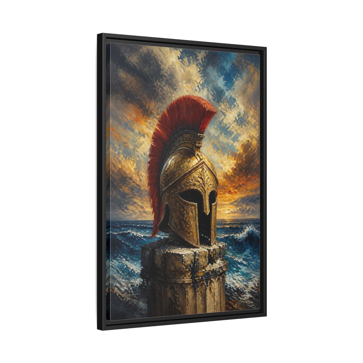 Side Mockup 14. Golden Roman Helmet At Sea shown as framed canvas print