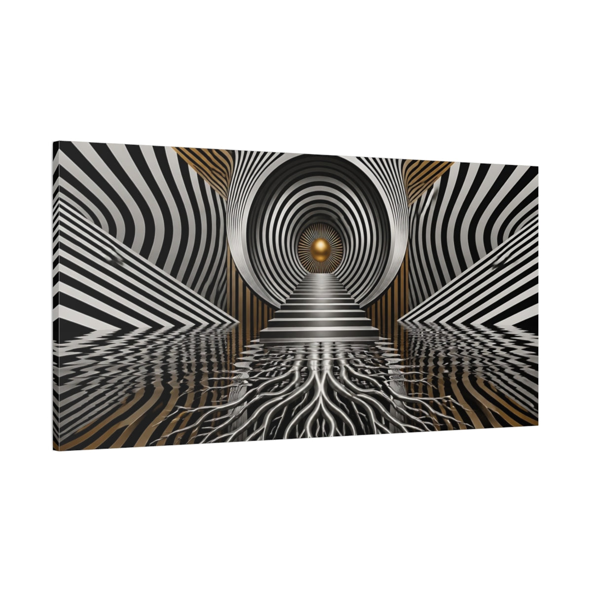 Side Mockup 2. Golden Vortex Staircase shown as canvas print