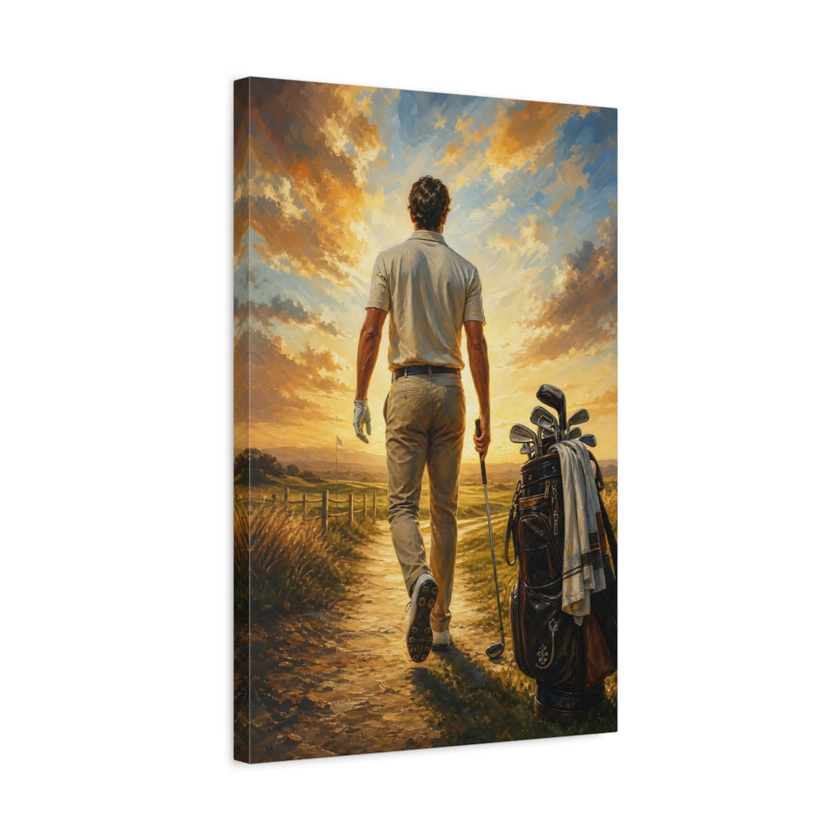Side Mockup 3. Golfer At Sunset shown as canvas print