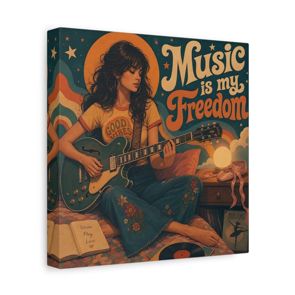 Side Mockup 9. Good Vibes Guitarist shown as canvas print