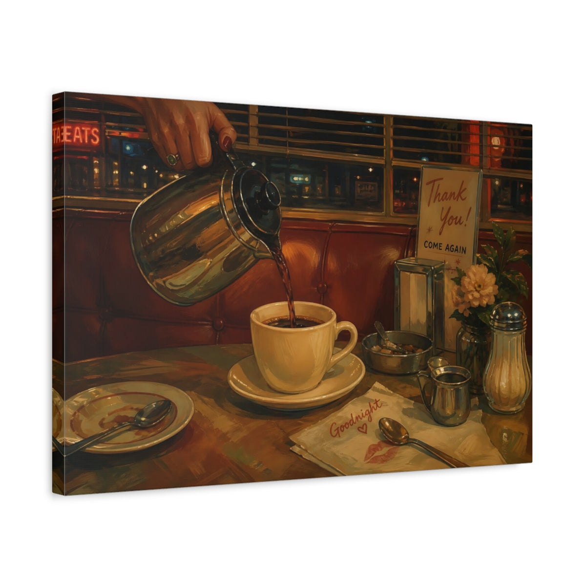Side Mockup 3. Goodnight Diner Coffee shown as canvas print
