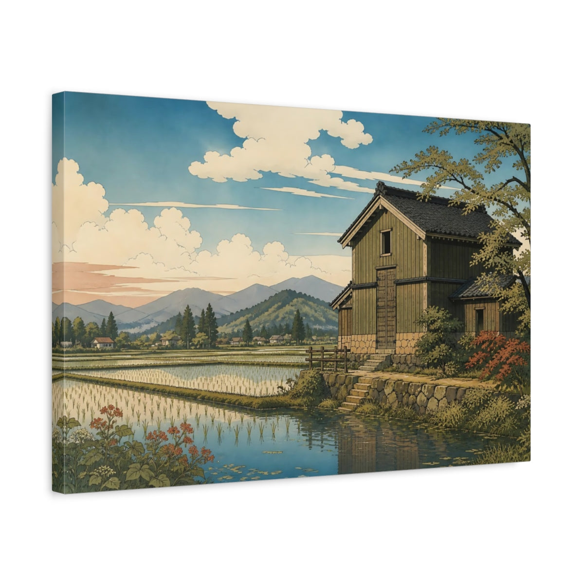 Side Mockup 3. Granary Beside Rice Paddies shown as canvas print