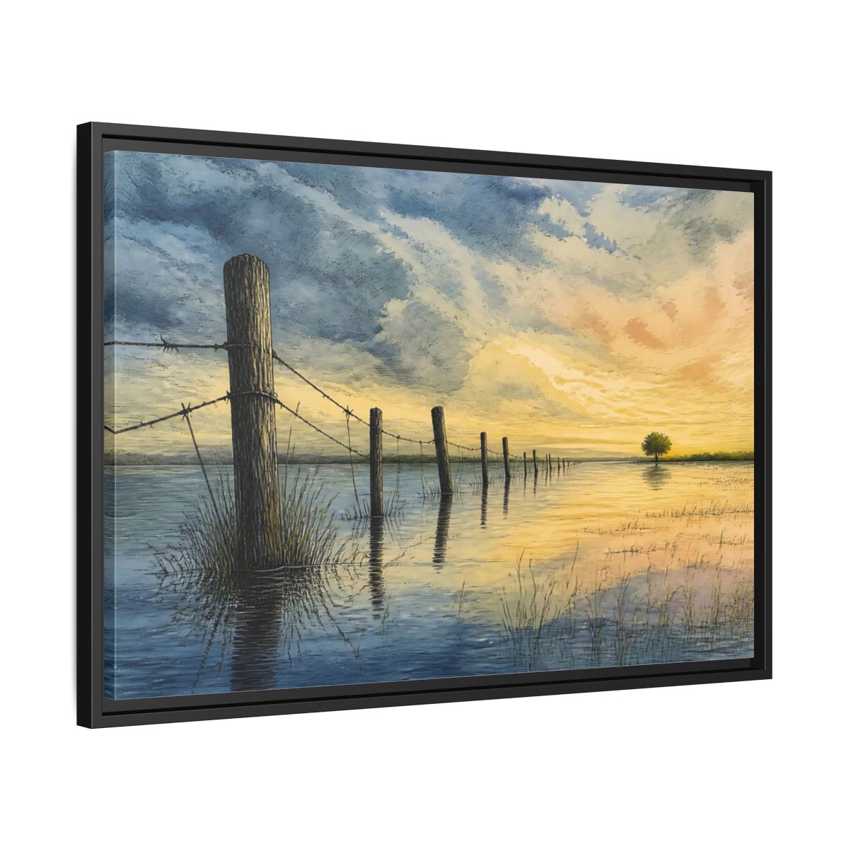 Side Mockup 14. Half-Submerged Fence At Dusk shown as framed canvas print