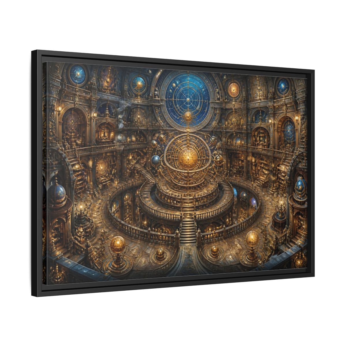 Side Mockup 14. Hall Of The Golden Orrery shown as framed canvas print