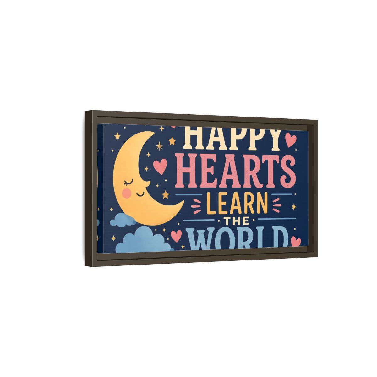 Side Mockup 7. Happy Hearts Moon shown as framed canvas print