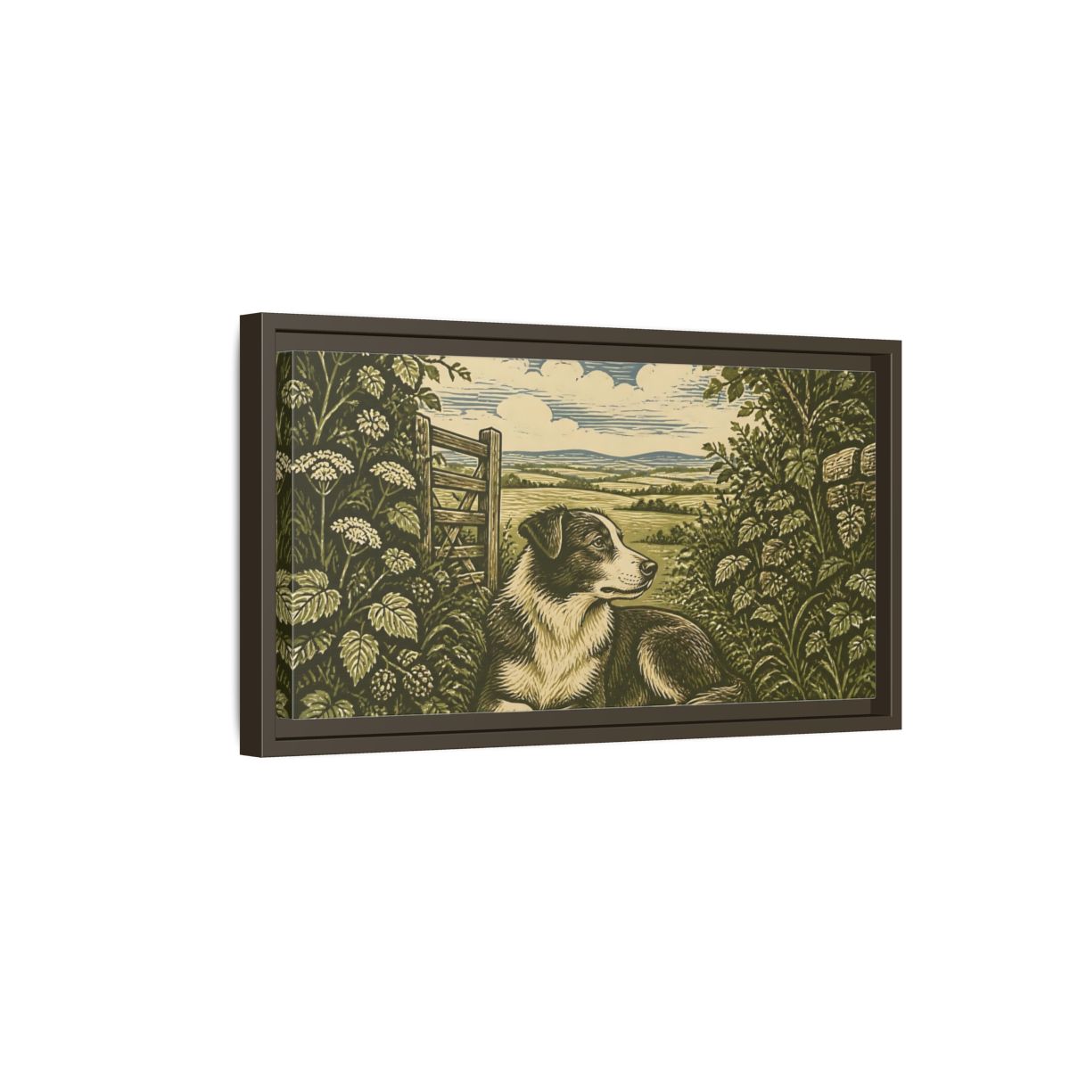 Side Mockup 7. Hedgerow Farm Dog shown as framed canvas print