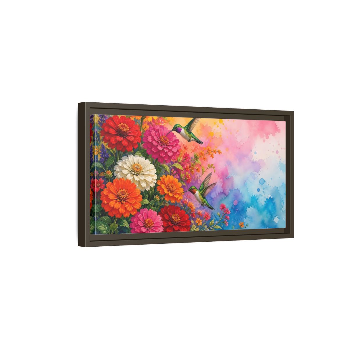 Side Mockup 7. Hummingbirds In Bloom shown as framed canvas print