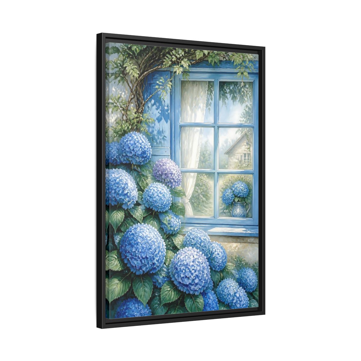 Side Mockup 14. Hydrangea Window Garden shown as framed canvas print