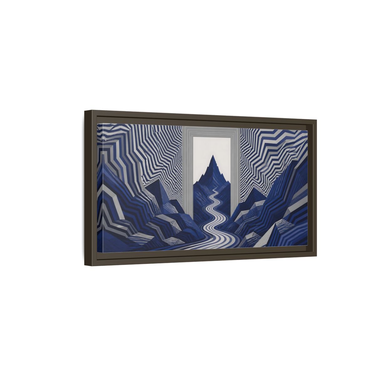 Side Mockup 7. Indigo Mountain Passage shown as framed canvas print