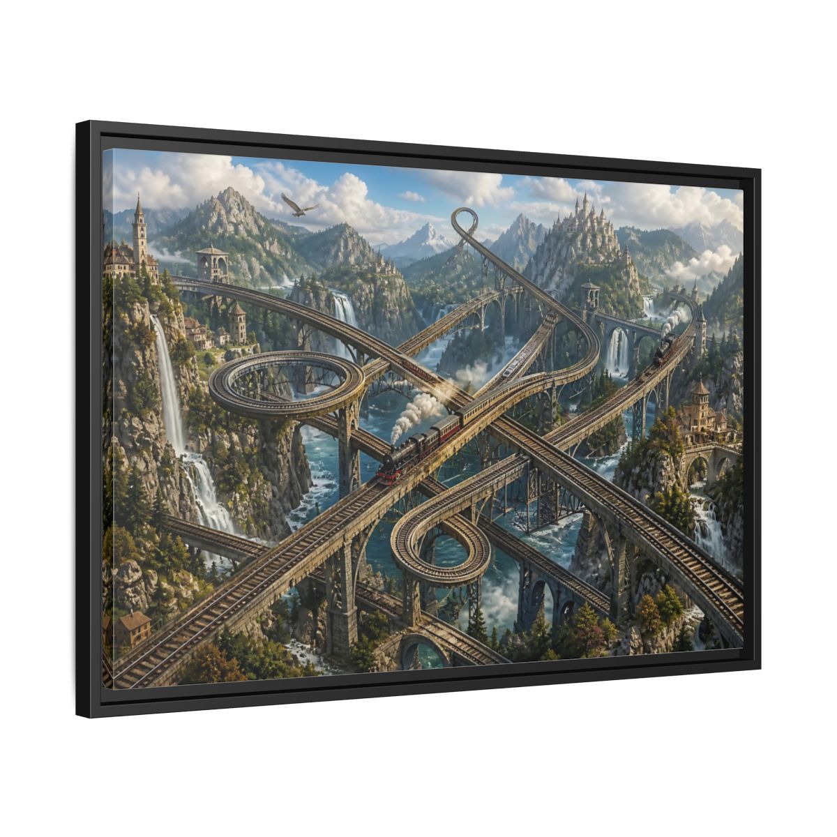 Side Mockup 14. Infinite Mountain Railway shown as framed canvas print